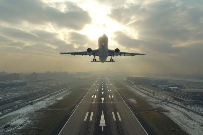 Un avion de ligne décolle d'une piste de l'aéroport international John F. Kennedy (JFK), s'élevant face au soleil à travers des nuages, avec une vue plongeante sur l'aéroport en contrebas.